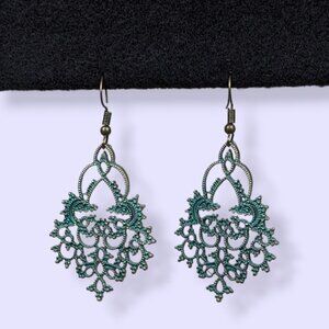 (2/$20) V. Bohemian Green Ornate Metal Cut Out Earrings